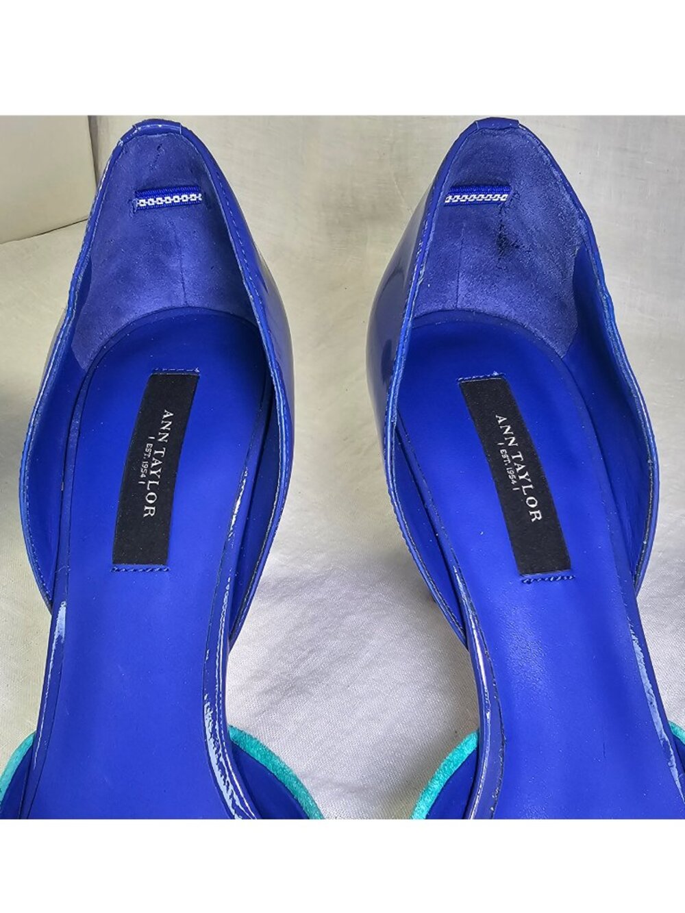 Ann Taylor Perfect Colorblock DOrsay 3.5” Stiletto Heel Peep Toe 8 Mainsail Blue - Picture 9 of 12